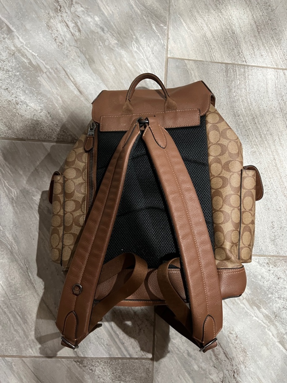 Coach Brown Signature Canvas Backpack with Yellow Leather Straps - Picture 4 of 10